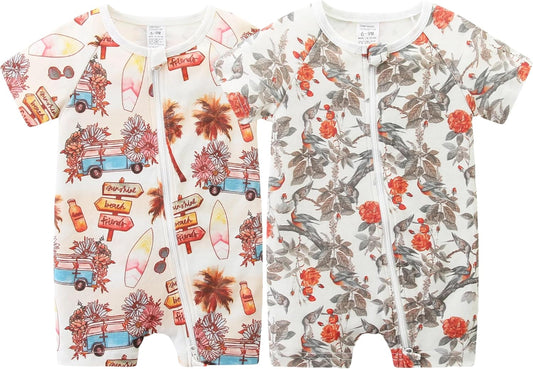 Unisex Summer Trendy 2-Pack Rompers Short Sleeve Zipped Bodysuit Infant Cotton Outfits