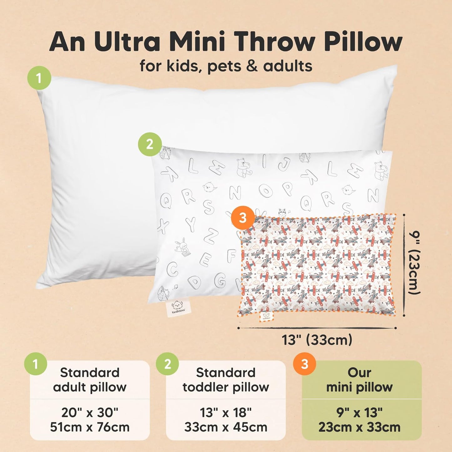 Mini Toddler Pillow with Pillowcase - 9x13 My Little Dreamy Travel Kids Pillow for Sleeping, Toddler Bed, Small, Tiny, Organic Cotton Pillowcase, Soft & Breathable, Kids 2-4 Years Old (Aircraft)