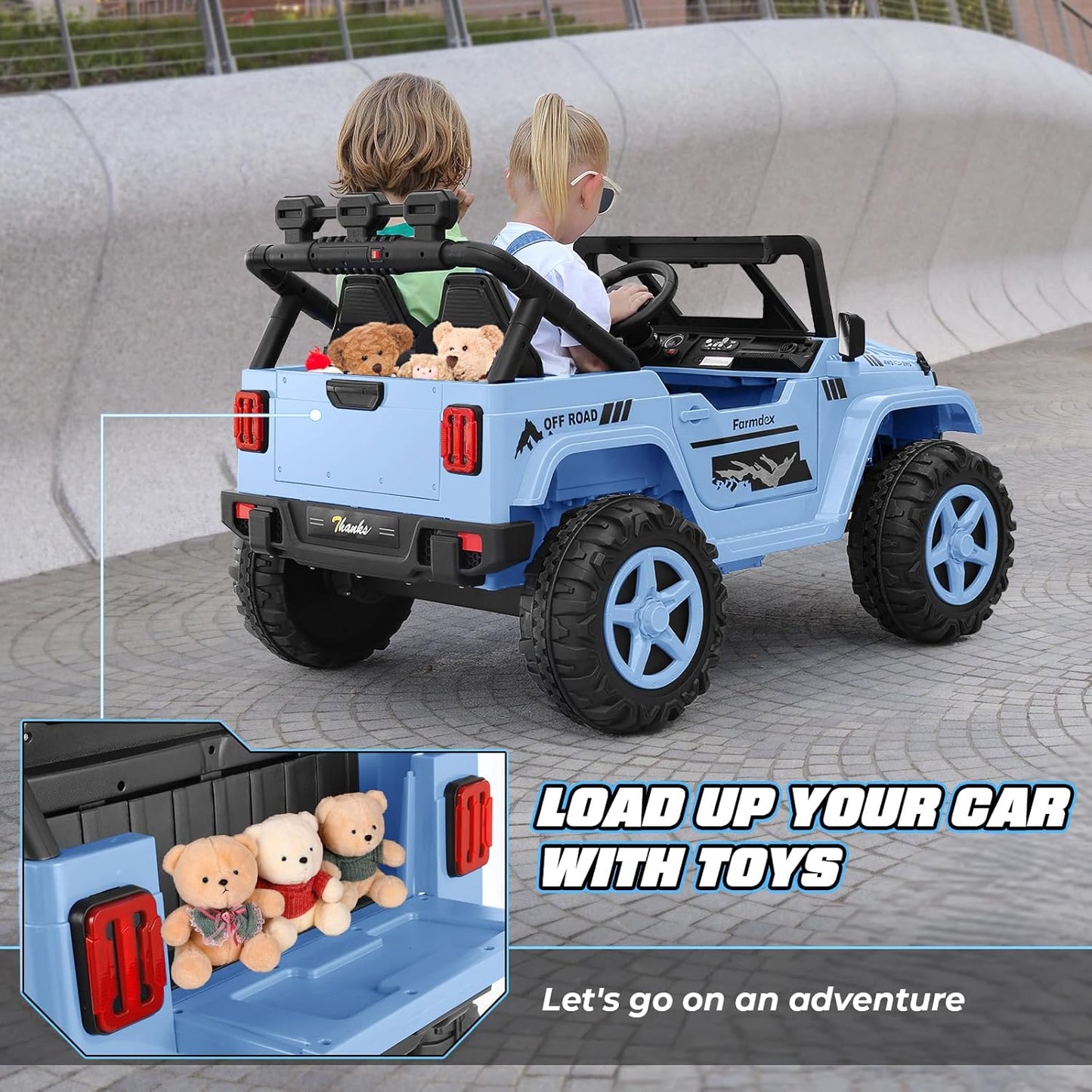 Hikole 2 Seater XL Ride on Cars for Kids - 24V Electric Car with 20 Inch Wide Seat, 4WD/2WD Switch, Remote Control, LED Lights, Music Player, Battery Powered Car for Kids, Blue-Gray