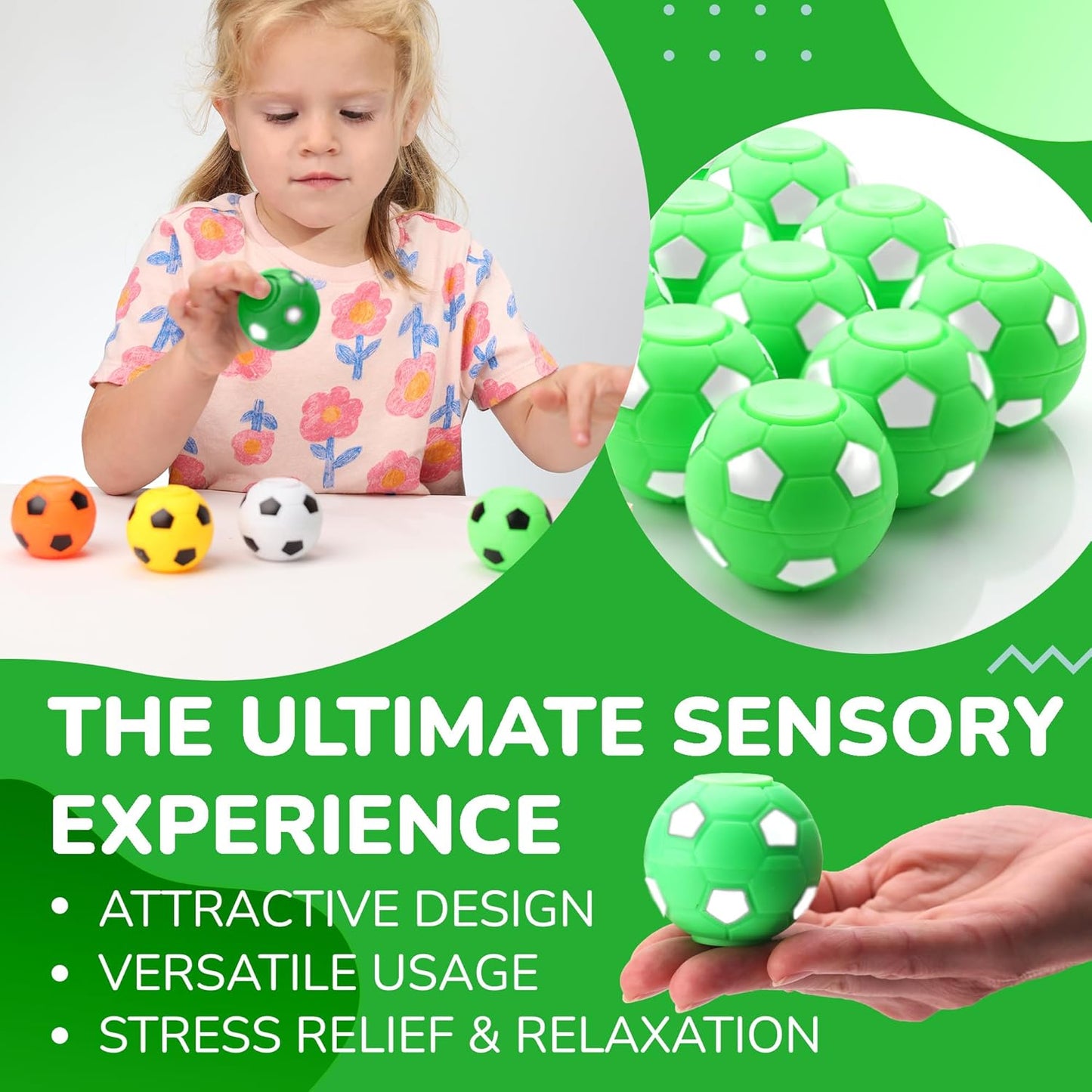 Entervending Fidget Spinners - 2 Inch Stress Balls - 12 Pcs Soccer Party Favors - Green Mini Fidget Spinners - Classroom Prizes - Fidget Spinners for Kids Easter Basket Stuffers