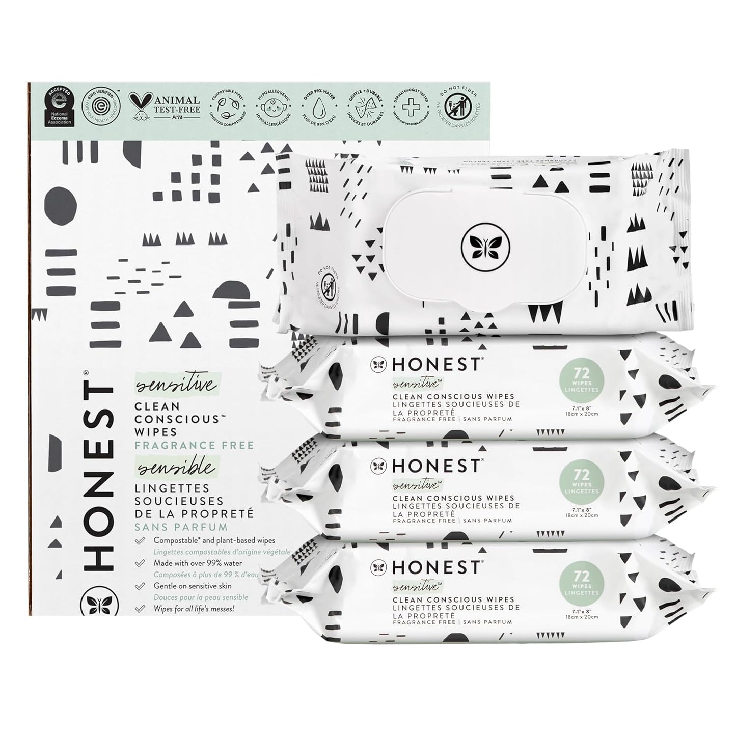 The Honest Company Clean Conscious Multi-Use Wipes | Hypoallergenic + Unscented for Sensitive Skin | Over 99% Water, Compostable, Plant Based, Baby Wipes | Pattern Play, 288 Count