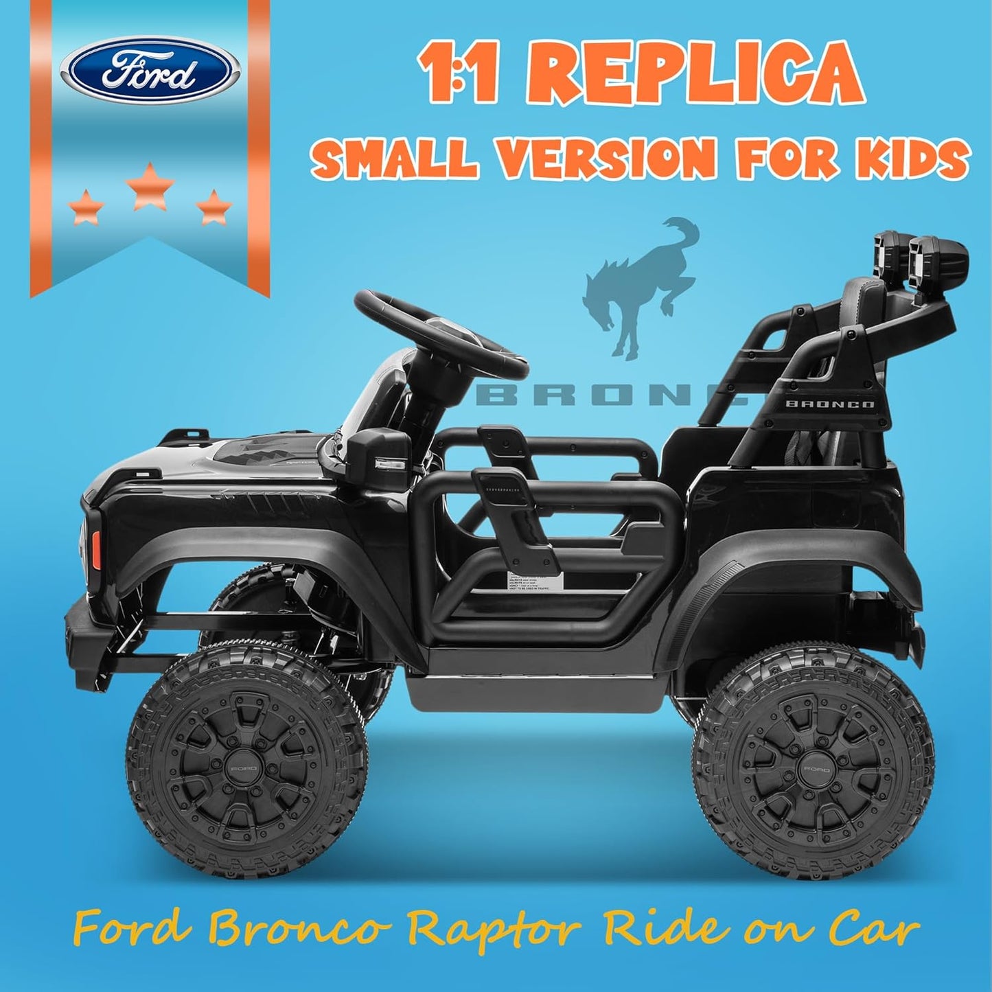 ENYOPRO 12V Licensed Ford Bronco Raptor Ride On Truck Car for Kids, Electric Play Car Ride-On Toy w/Parent Remote Control, 4-Wheel Suspension, Bluetooth Music, LED Lights, Ideal Kids Car Gift (Black)