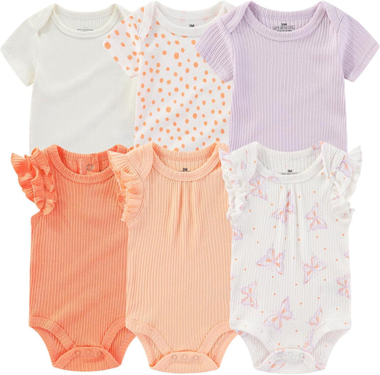 Baby Bodysuit 6 Pack Soft Mixed Ribbed Short Sleeve Romper Infant Boy Girl Clothes Set
