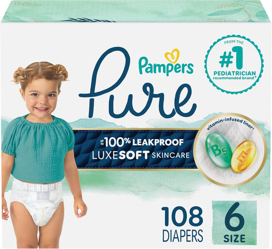 Pampers Pure Protection Baby Diapers, Size 6 (35+ lbs), 108 Count, Up to 100% Leakproof, Premium Plant-based Skin Protection, Hypoallergenic Soft Diapers