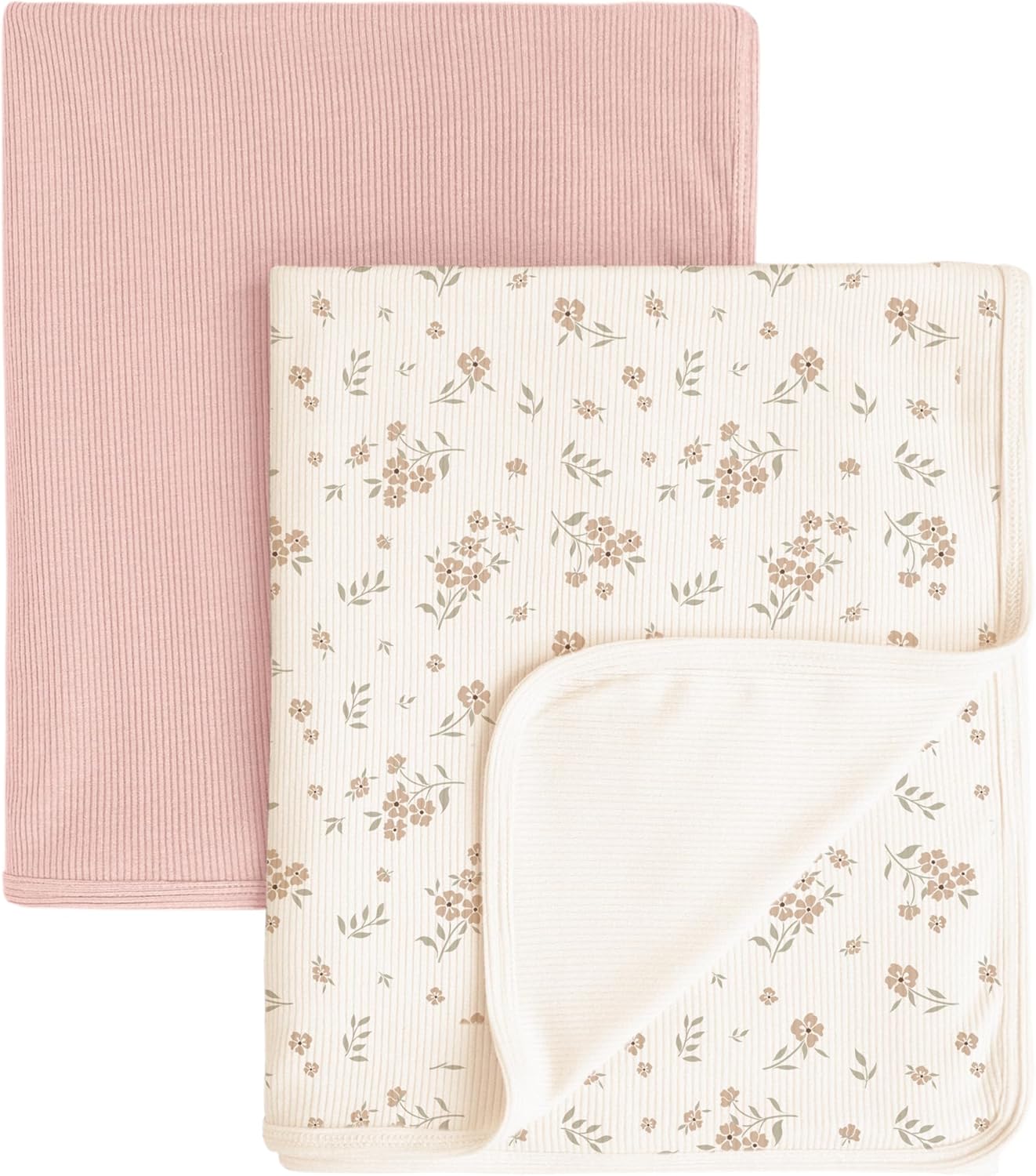 Konssy Knit Baby Blanket 2 Pack, Soft Ribbed Swaddle Receiving Blankets for Boys & Girls, Lightweight Cozy Swaddling Wrap for Newborns, Infants, & Toddlers, 33x42 Inch (Blossom,Pink)