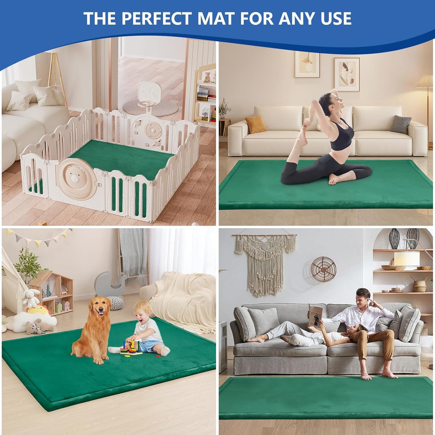 Baby Play Mat for Floor,1.3" Thick Memory foam Tummy Time Mat,Soft Coral Velvet Nursery Rug,Extra Large Non Slip Crawling Mat for Toddlers,Infants,kids,Yoga,Tatami Style for Living Room(Dark Green)