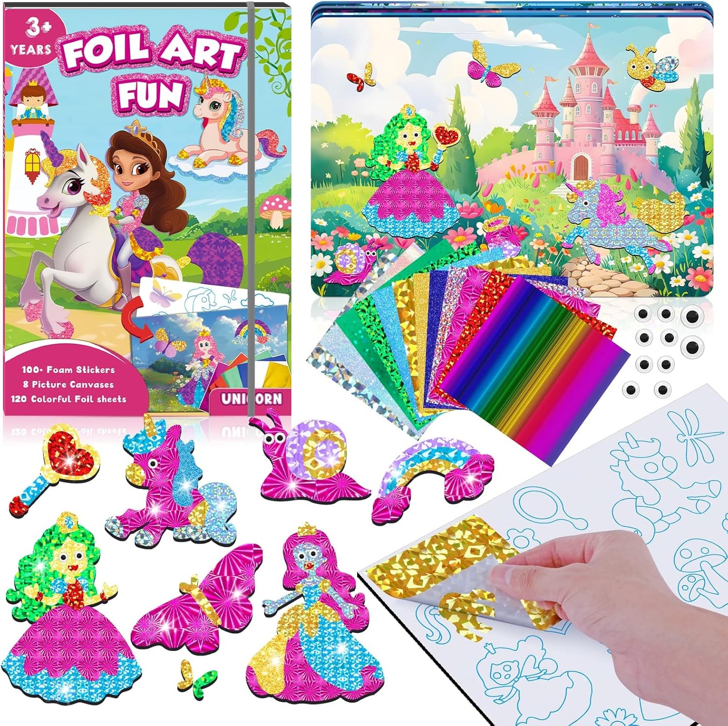 homicozy Art & Craft Activity for Kids-Foil Fun Unicorn & Princesses,No Mess Art Crafts for Girls,DIY Foil Foam Stickers,Creative Activity Kits,Kids Travel Toys,Gifts for Girls & Boys Ages 4-10