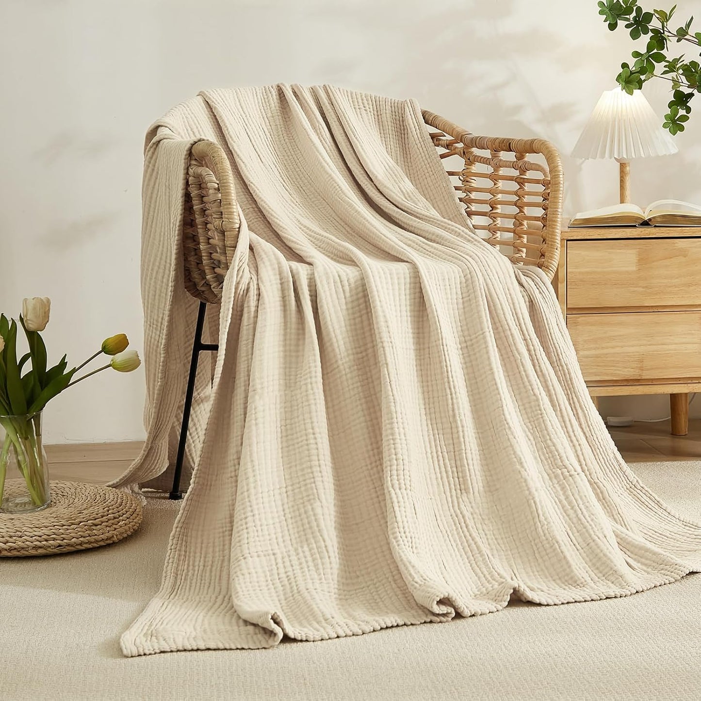EMME Cotton Blanket Queen Size for Bed Soft Muslin Bed Blankets 90"x90" Lightweight Breathable Bedspread Coverlet All Season Gauze, Light Tan