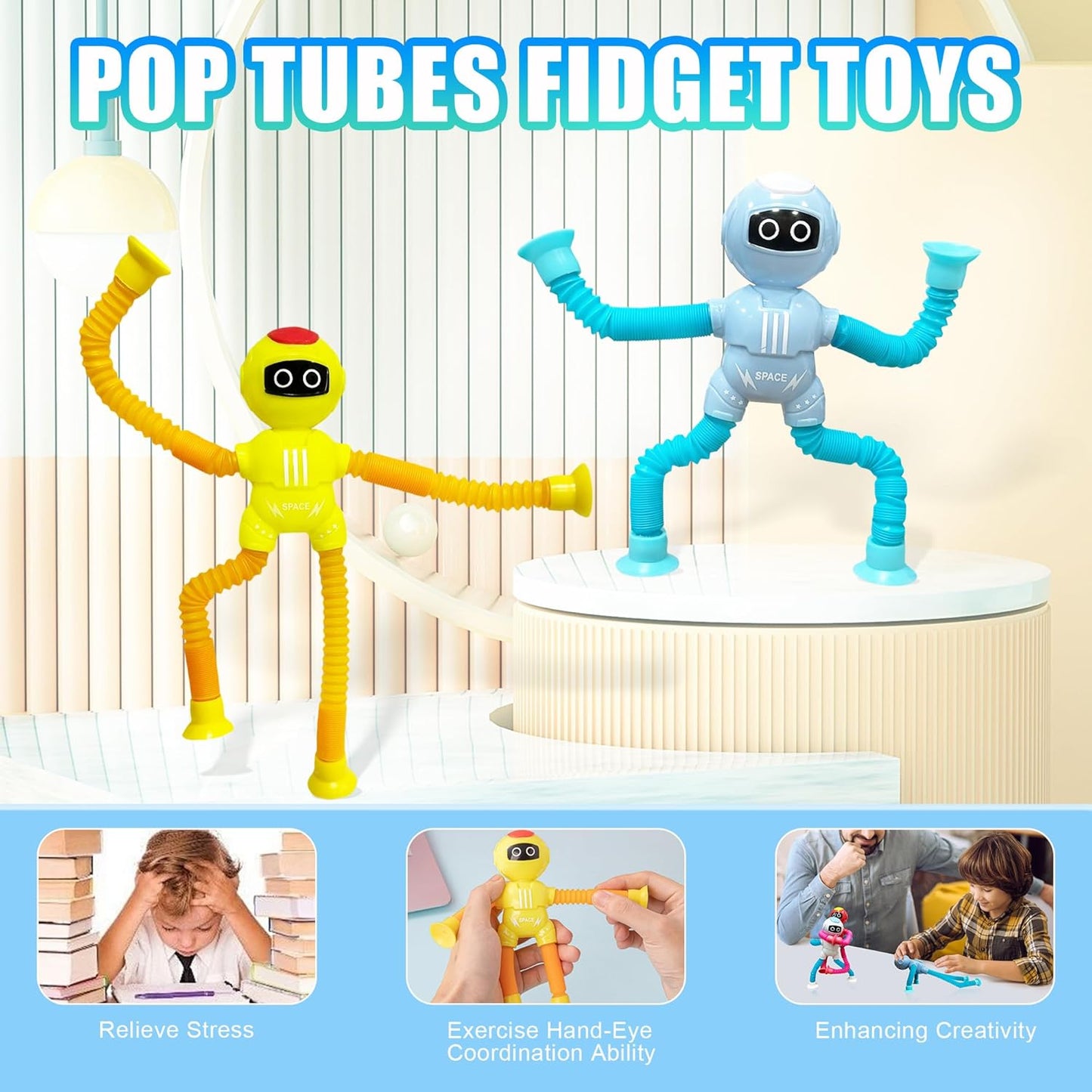 4 Pcs Pop Tubes Sensory Toys Pack, Fidget Toys for Classroom Prizes,Party,Birthday,Easter Basket Stuffers,Telescopic Suction Cup Toy for 4 5 6 7 8 9 Years Old Boys & Girls