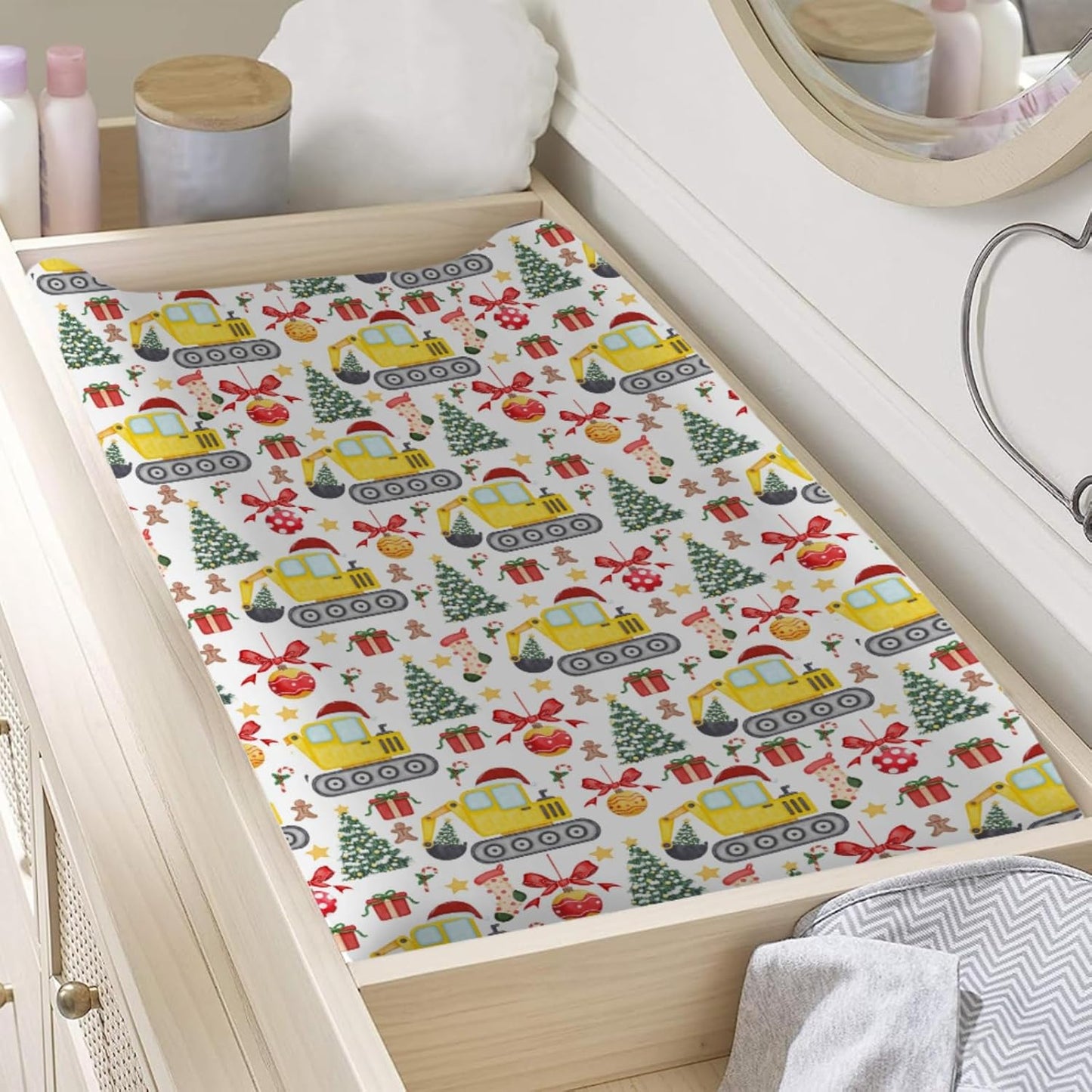 Christmas Truck Excavator Tractor Changing Pad Cover Construction Trucks Unisex Diaper Change Table Sheets for Boys Girls Winter Xmas Gift Soft Stretch Fitted Changing Table Mats 32''x16''
