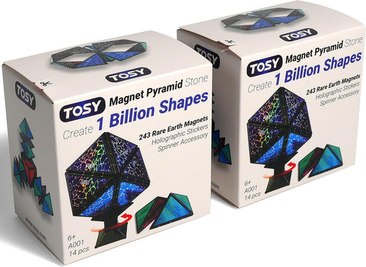 TOSY Magnet Pyramid Stone - 1 Cube Transforms into 1 Billion Shapes, 14 pcs (12 Puzzle pcs and 2 Accessories), 243 Rare Earth Magnets, Holographic Design Magnet Tiles Creative Puzzle STEM Toy, 2-Pack