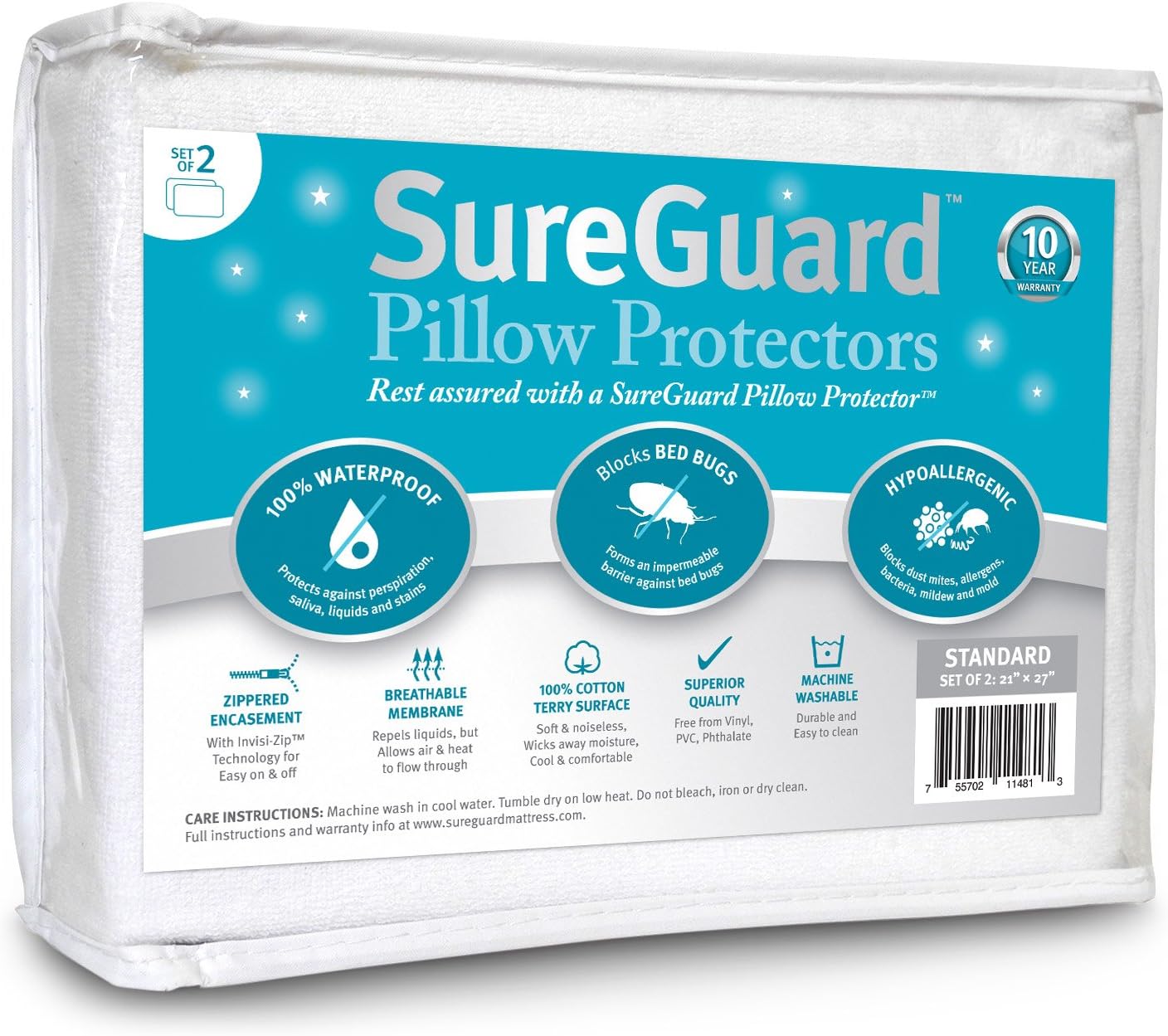 Set of 2 Standard Size SureGuard Pillow Protectors - 100% Waterproof, Bed Bug Proof, Hypoallergenic - Premium Zippered Cotton Terry Covers
