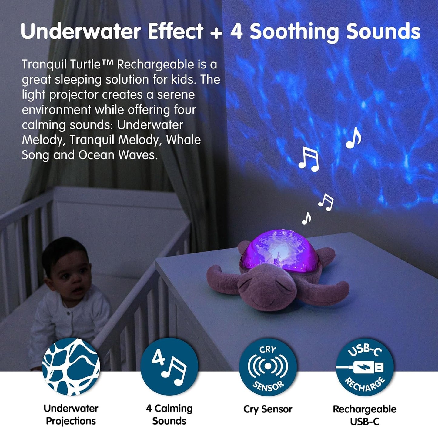 ﻿﻿Cloud b Ocean Projector Nightlight with 2 White Noises & 2 Soothing Sounds | Adjustable Settings | Cry Sensor | Tranquil Turtle - Pink (Rechargeable)