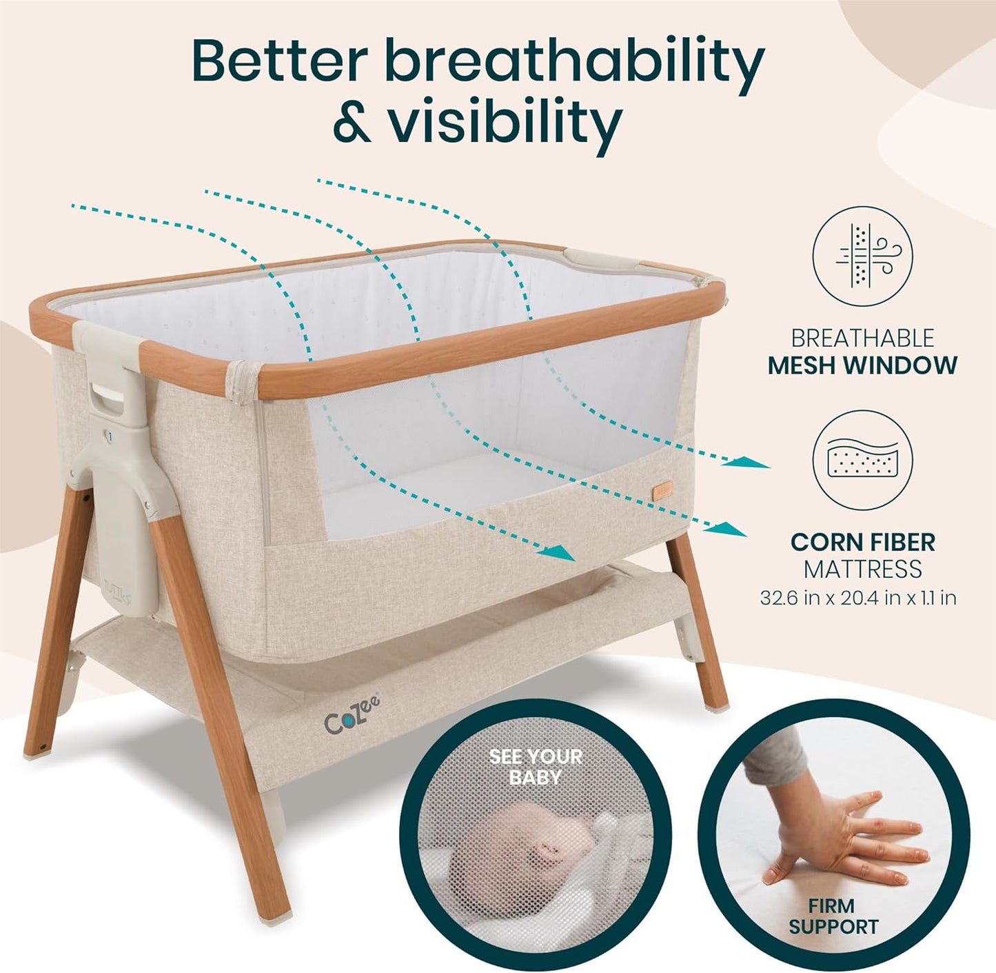CoZee® 2-in-1 Baby Bassinet & Bedside Sleeper - Fast-Folding Bedside Bassinet, Baby Crib with 6 Mattress Heights & Breathable Mesh Window, Mattress Included, 0-6 Months (Walnut & Ecru)