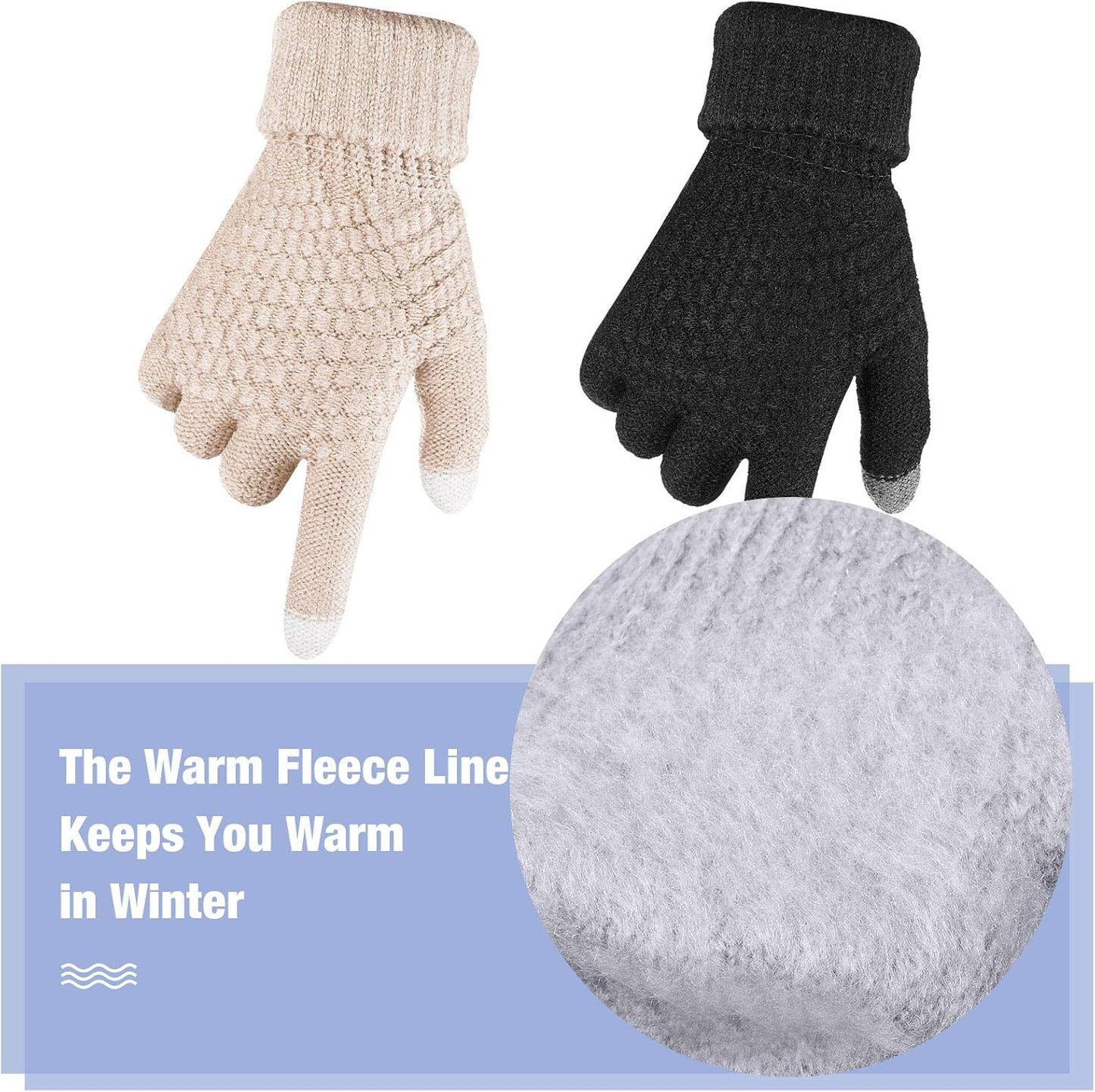 Geyoga 2 Pairs Women's Winter Touch Screen Gloves Soft Warm Fleece Lined Knit Elastic Cuff Winter Texting Gloves