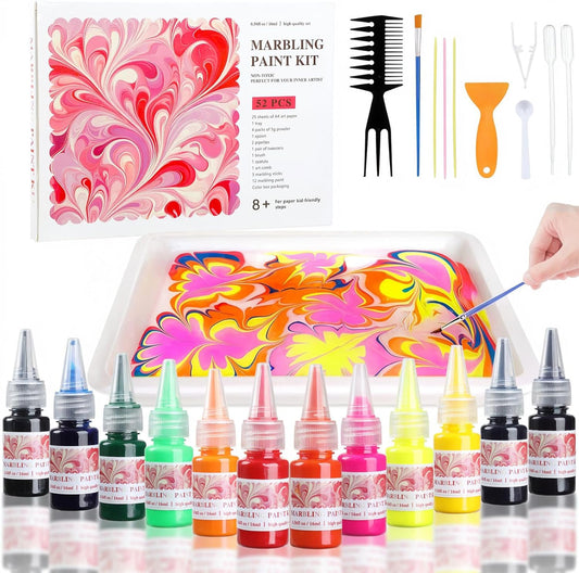 Marbling Paint Art Kit for Kids, Arts and Crafts Set for Girls & Boys Ages 8-12, Craft Kits with 16ml-12pcs & 25 Papers, Art Supplies, Birthday Gifts & Creative Toys for Kids Age 8 9 10 Year