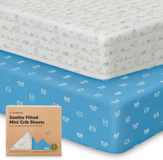 2-Pack Mini Crib Sheets Fitted - 38x26 Pack N Play Sheets for Pack and Play Mattress, Organic Cotton, Soft & Breathable Playard Bedding, Neutral Mini Toddler Bed Cover for Boys, Girls (KeaPixel)