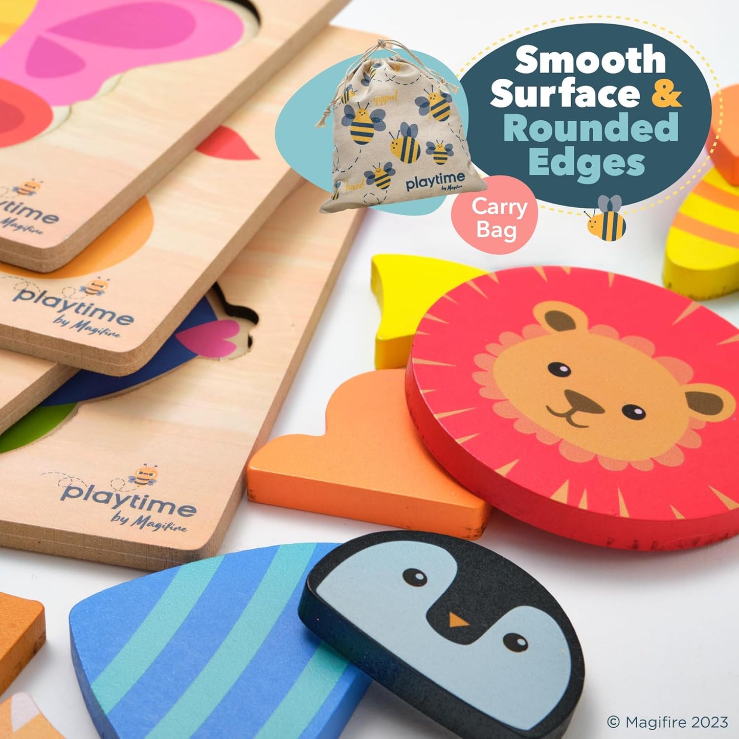 MAGIFIRE Toddler Puzzles Wooden Set of 4-4-Pack Multicolor Wood Animal Shapes with Storage Bag & Giftable Box - Wooden Puzzles for Toddlers 1-3 - Shape Recognition & Fine Motor Skills