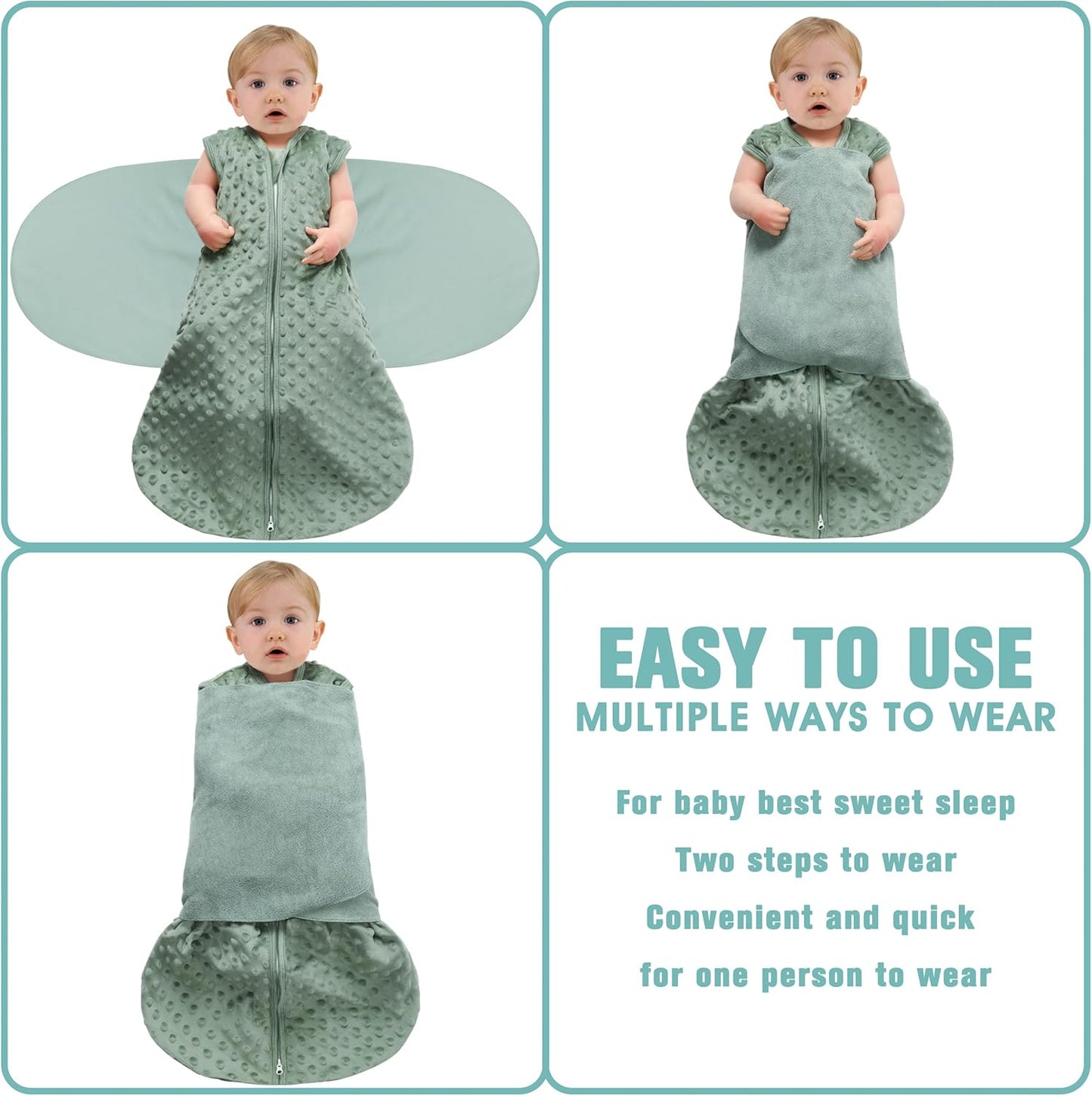 Fleece Newborn Sleep Sack Baby Swaddle,3-Way Adjustable Wearable Blanket,2 Pack Fleece Swaddling Sleeping Bag TOG 2.0， (Blue&Green, 0-3 Months)