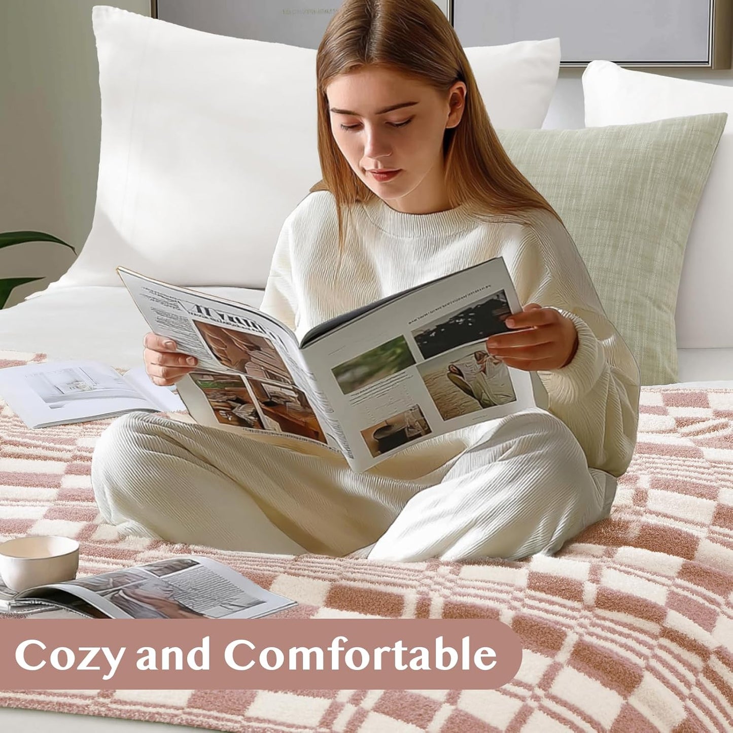 WRENSONGE Checkered Throw Blanket, Clay Pink Soft Cozy Fluffy Warm Hand Made Throw Blankets for Couch, Sofa, Chair, Bed, Camping, Picnic, Travel Lightweight Bed Blanket - 50"*60"