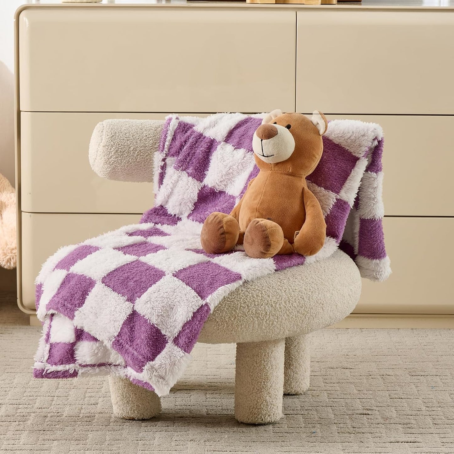 Fleece Baby Blanket for Girls 3D Checkerboard Design, Warm Cozy and Fluffy Infant Newborn Toddler Small Receiving Blankets for Crib Stroller, 30x40 Inches, Purple