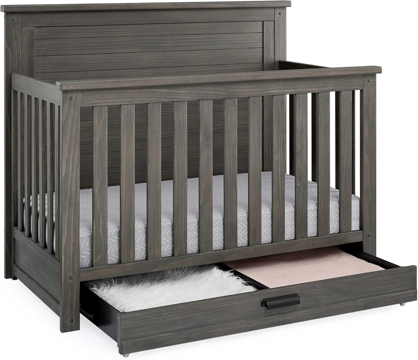 Delta Children Simmons Kids Caden 6-in-1 Convertible Crib with Trundle Drawer, Greenguard Gold Certified, Rustic Grey