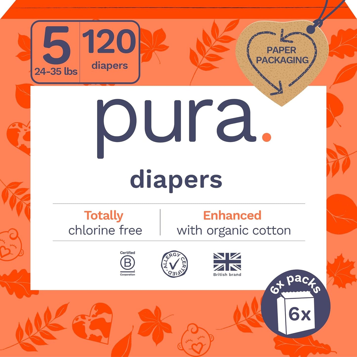 Pura Size 5 Eco-Friendly Diapers (24-35 lbs) Totally Chlorine Free (TCF), Hypoallergenic, Soft Organic Cotton, Sustainable, up to 12 Hours Leak Protection, Allergy UK, 6 Packs of 20 (120 Diapers)