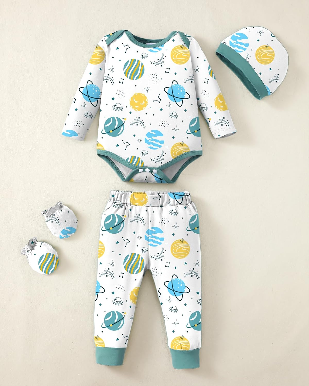 NZRVAWS Newborn Baby Boy Girl Clothes Unisex Infant Romper Pants Set Hat 4-Pack Outfits 0-12 Months 16 Pieces Toddler