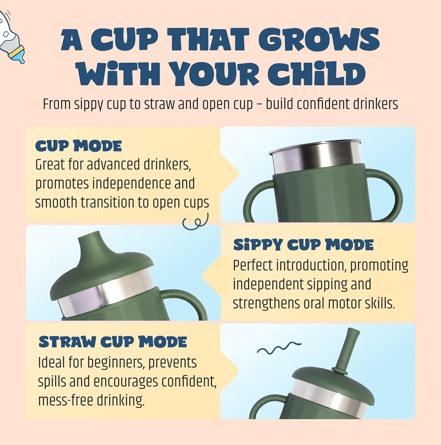 Jumble Dream Baby Sippy Cup, 100% Silicon Training Stainless Steel Kids Cups with Silicon Straw, Toddler Tumbler with Straw Spill Proof | 6 Month Plus Toddler Sippy Cup | BPA Free