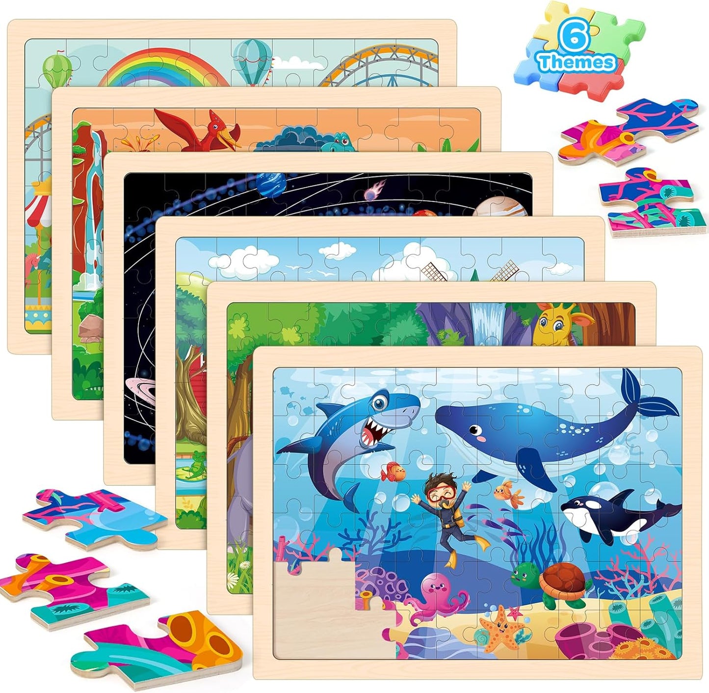 6 Packs Wooden Puzzles for Kids Ages 4-6, 60 Piece Wood Dinosaur Animals Jigsaw Puzzles for Toddlers Ages 3-5, Preschool Educational Learning Toys Gifts for 2 3 4 5 6 7 8 Boys Girls