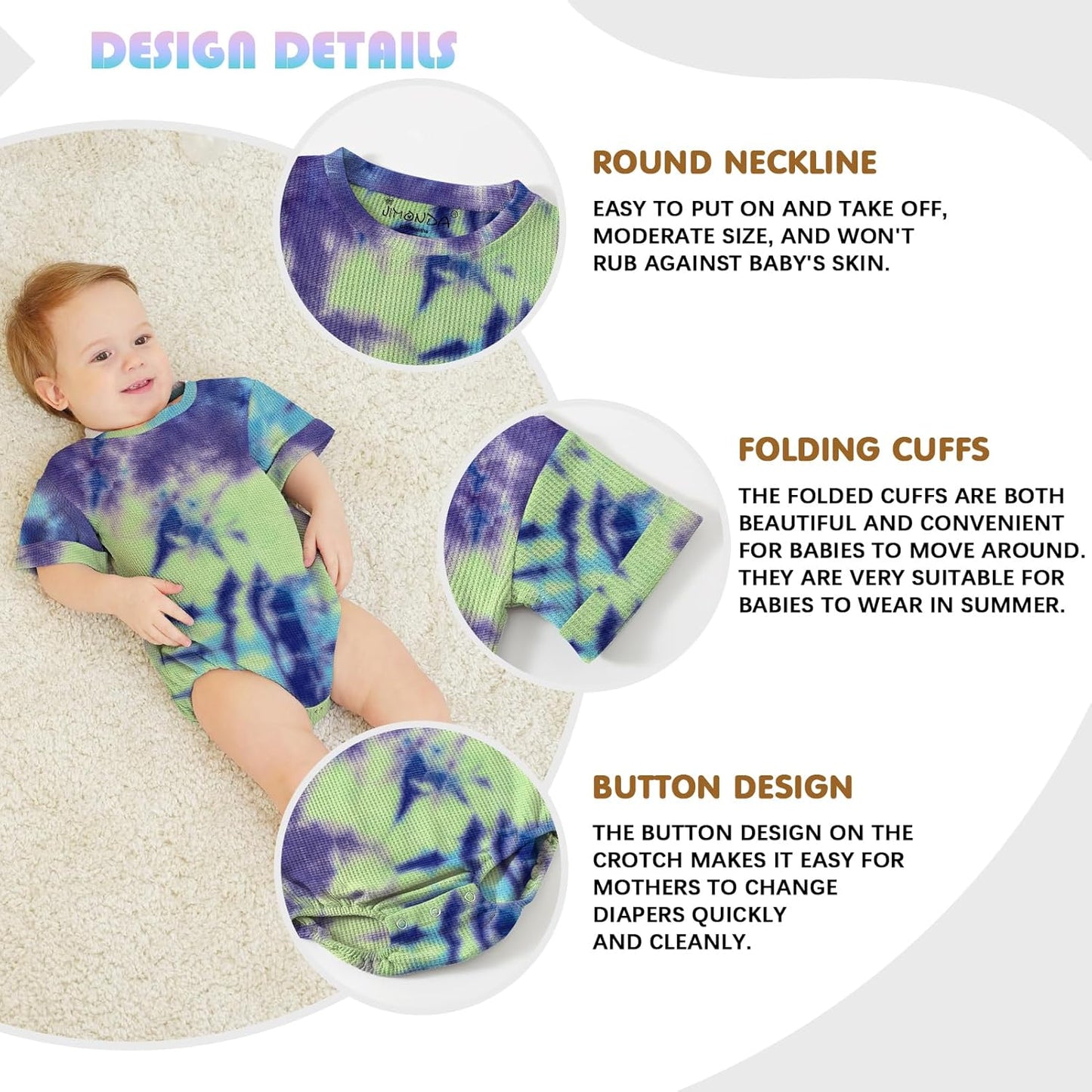 Jimonda Baby Bodysuit Newborn Tie Dye Clothes Infant Waffle One Piece Romper Baby Boys Girls Short Sleeve Jumpsuit Outfits