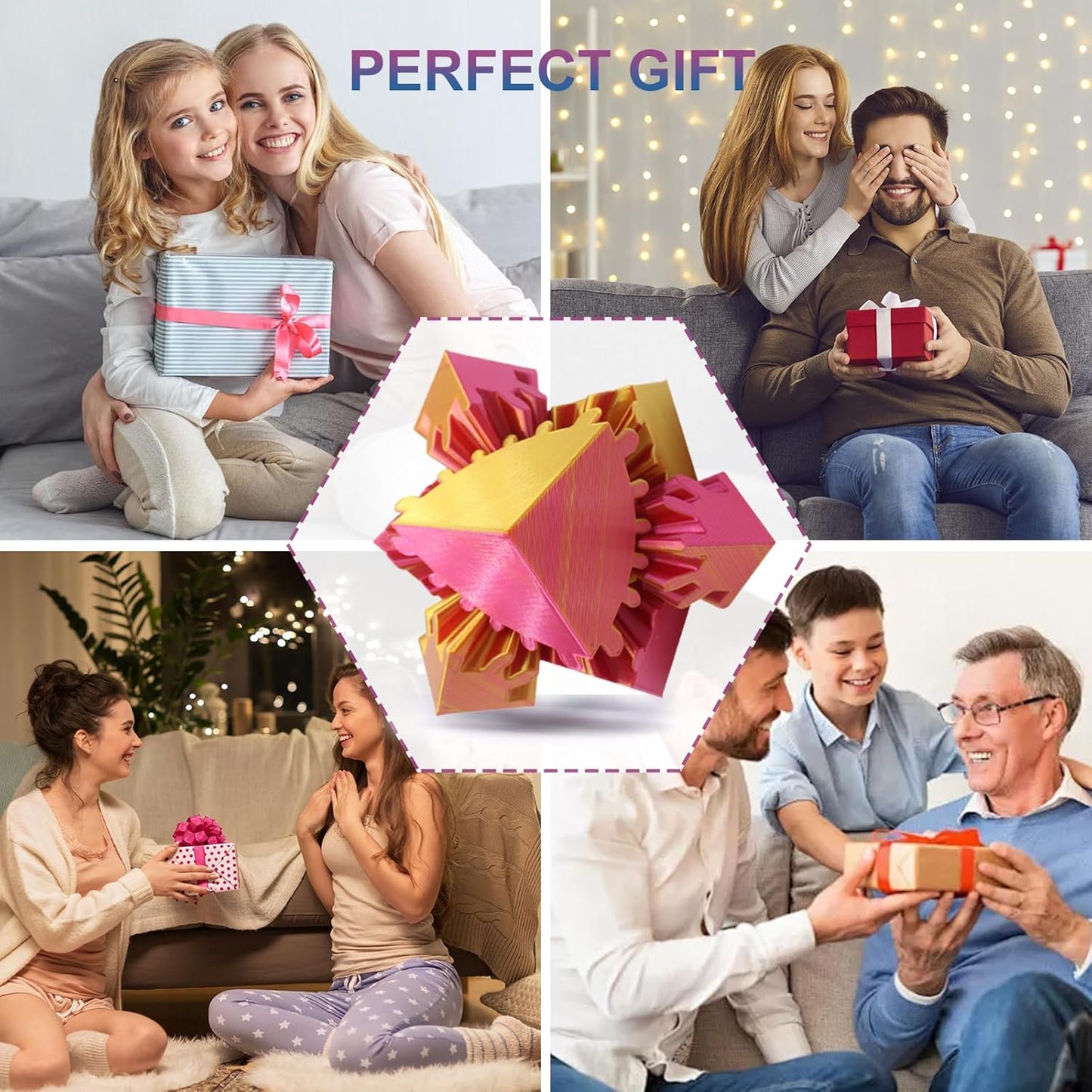 Gear Sphere Gear Cube 3D Printed Gear Ball Spin Cube Fidget Toy Relieving Stress & Anxiety, Fidget Cube GearSphere Desk Toy, Whirling Wonder Fidget for Sensory and Autism (Laser Red Gold)