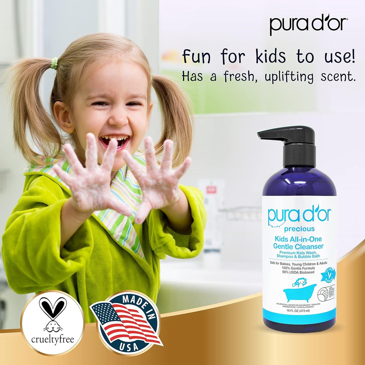 PURA D'OR 16 Oz Kids Wash - All-in-One Gentle Cleanser - USDA Biobased, Sulfate-Free, Tear-Less, Hypoallergenic, Premium, Shampoo & Bubble Bath