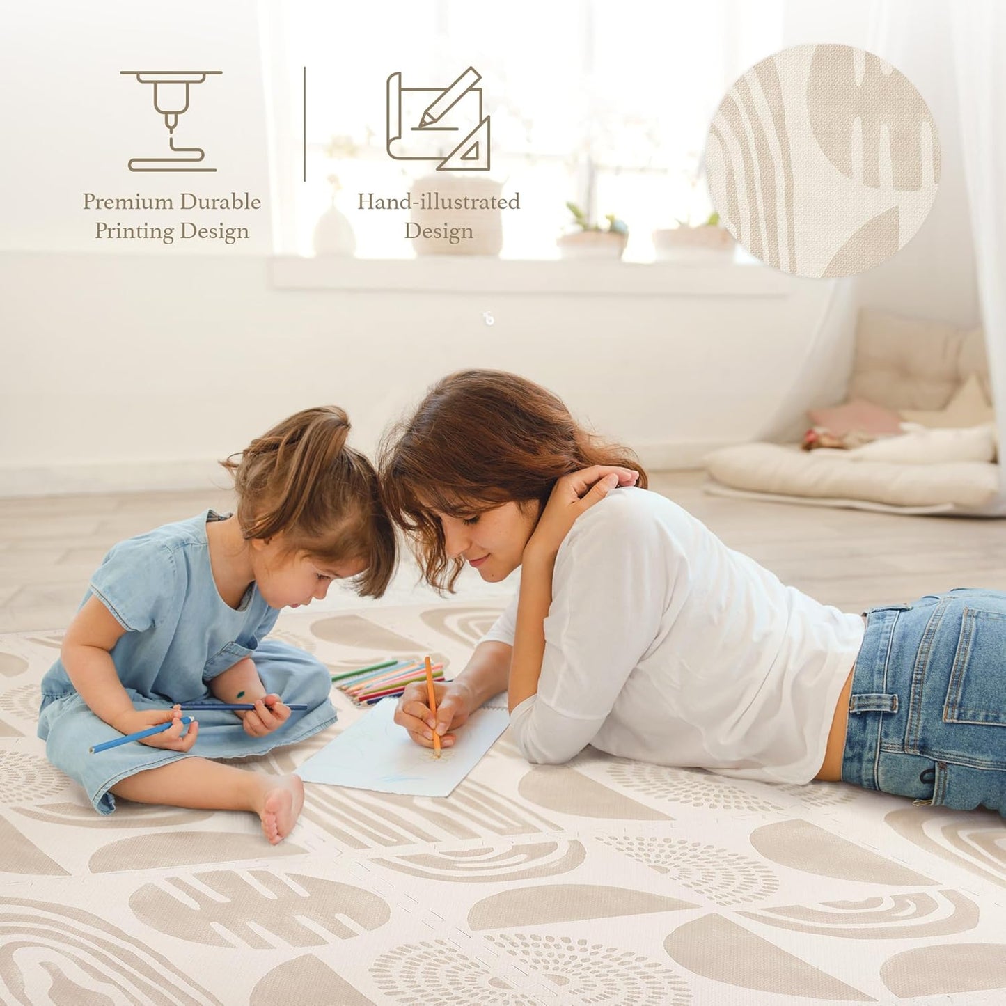 Premium Exercise & Baby Foam Play Mats - Stylish & Large Non-Toxic Odorless Floor Mat - 6 Tiles - Spacious 6ft x 4ft - Peel-Resistant Reinforced Ver.- Soft Thick, Waterproof - Desert Sand