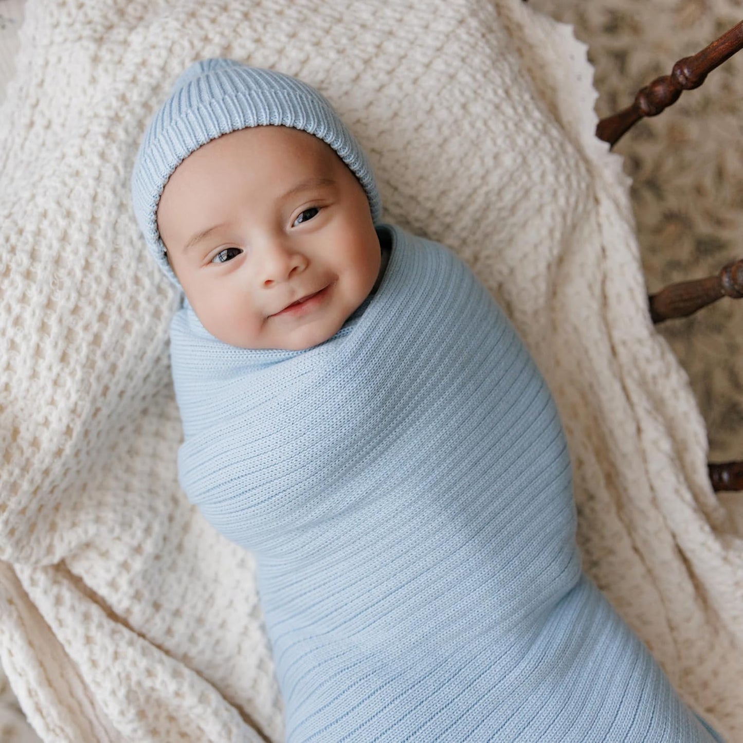 Organic Ribbed Swaddle Blanket for Boys & Girls - 100% Luxury Organic Soft Cotton Knit Warm Cozy Cuddle Stroller Crib Blanket for Newborns, Infants, & Toddlers (Sky Blue)