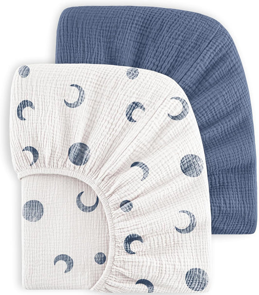 Bearmoss Muslin Crib Sheets 100% Cotton Baby Crib Sheets Soft&Breathable Nursery Sheet 52"x28" for Standard Crib Mattress&Toddler Bed Mattress - 2 Pack (Blue Crescent)