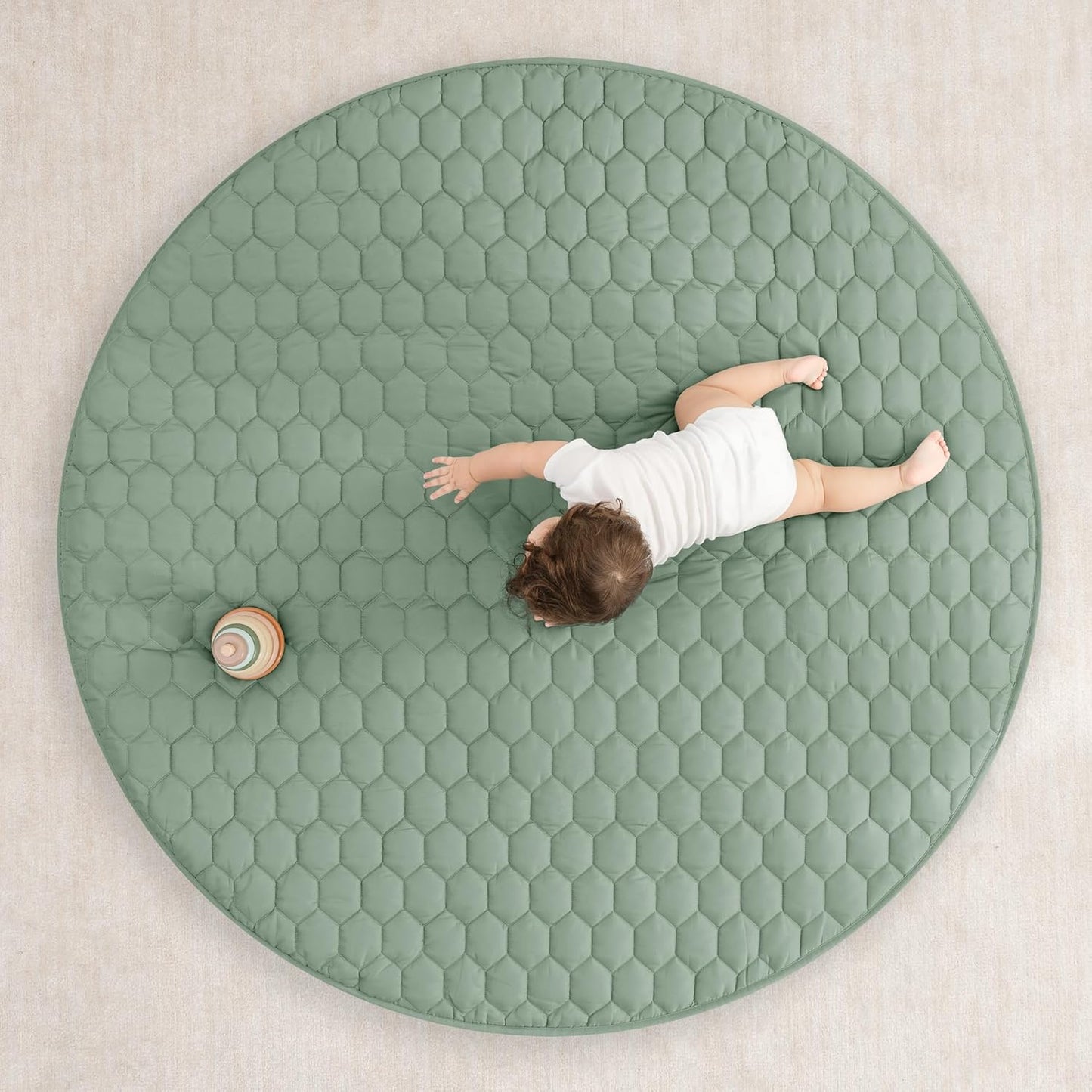Comfy Cubs Round Kids Play Mat - Large 60 inches Soft Quilted Baby Floor Mat with Non-Slip Bottom - Plush Design for Toddlers' Playtime and Relaxation - Comfortable and Durable - Fern