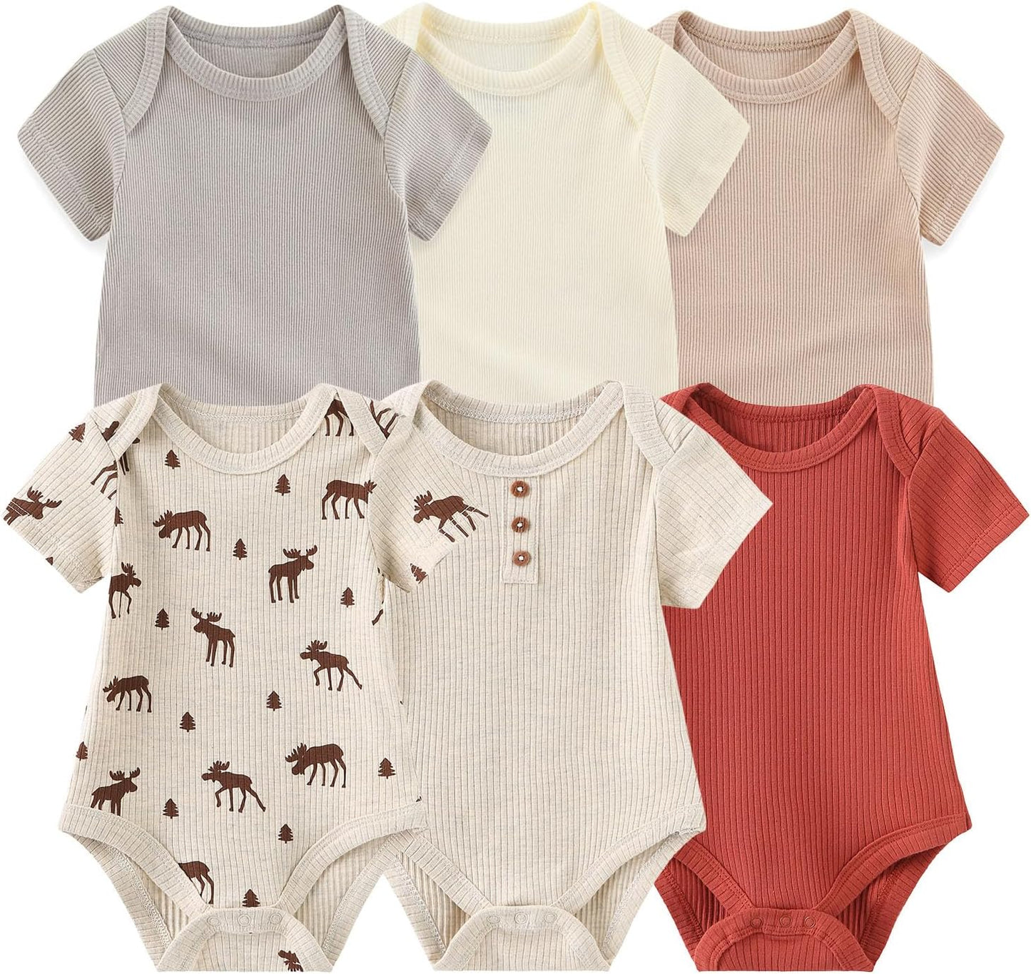 Baby Bodysuit 6 Pack Soft Mixed Ribbed Short Sleeve Romper Infant Boy Girl Clothes Set