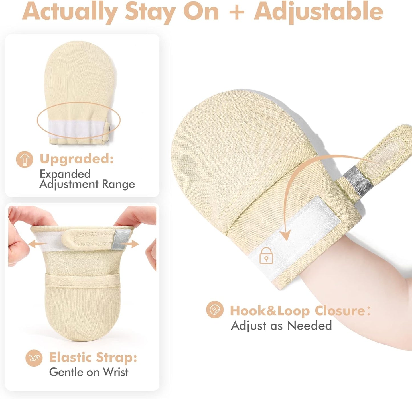 HAPIU Baby No Scratch Mittens Stay On, 100% Cotton Breathable, Adjustable Infant Gloves for Boys Girls, Newborn - 12 M