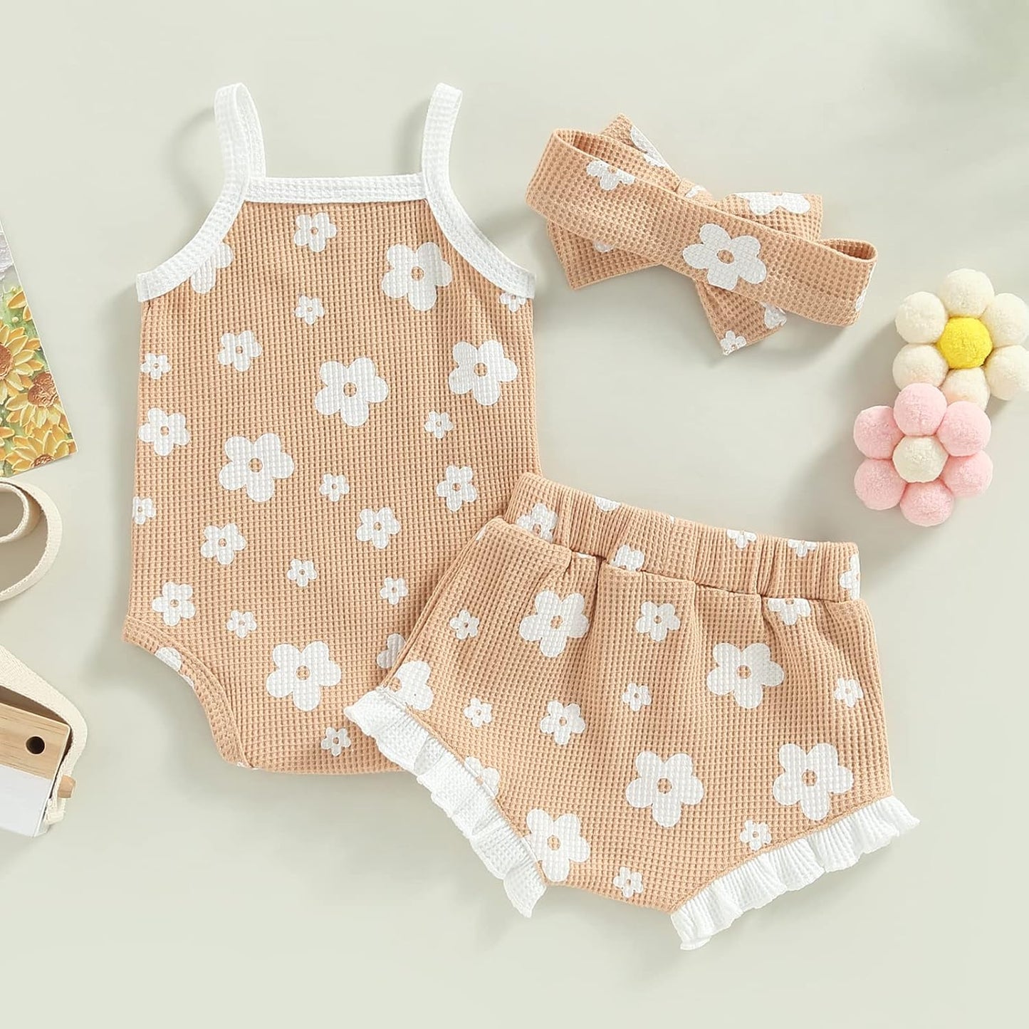 fhutpw Baby Girl Clothes Summer Cute Outfits 3 6 12 18 Months Spaghetti Strap Romper & Floarl Shorts Sets
