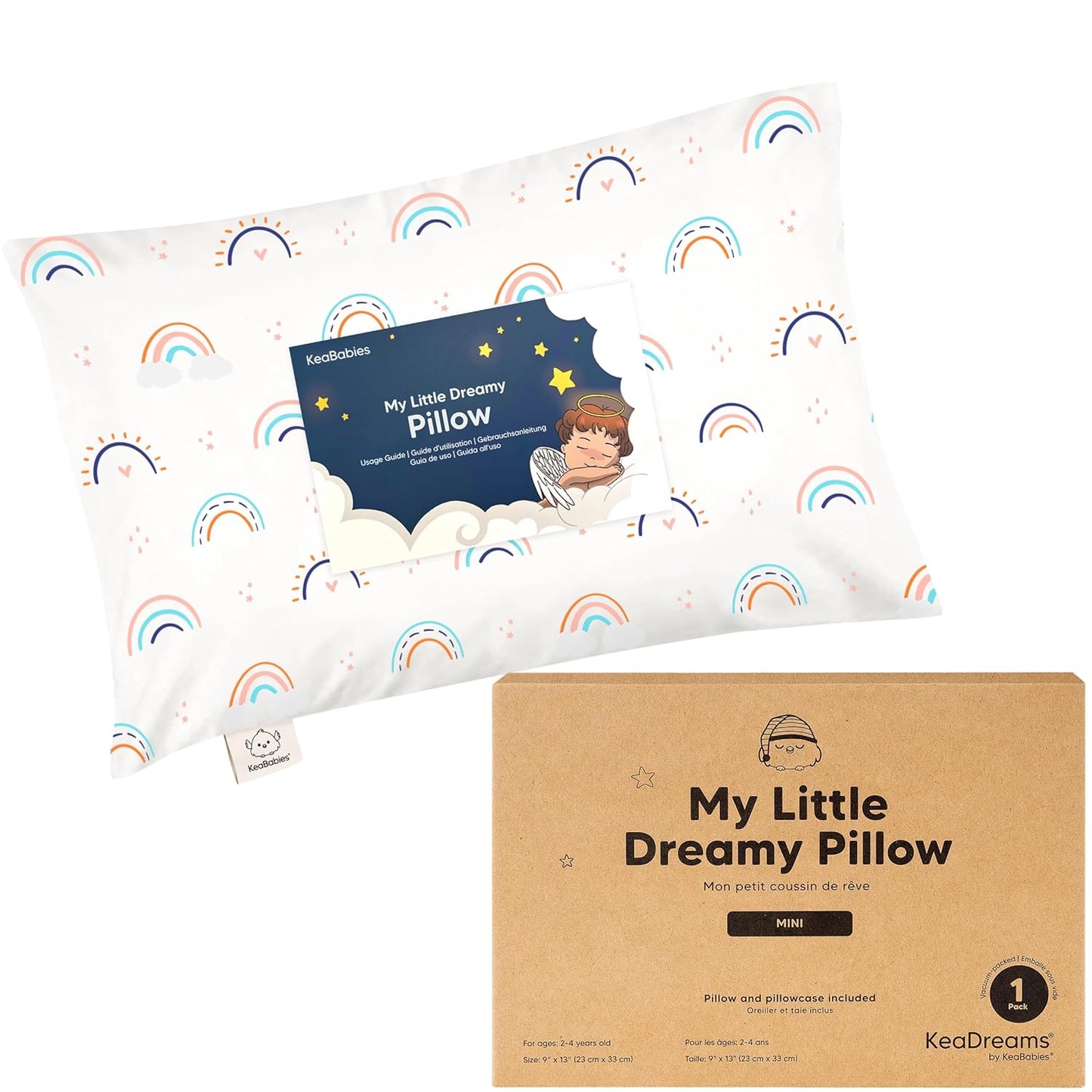 Mini Toddler Pillow with Pillowcase - 9x13 My Little Dreamy Travel Kids Pillow for Sleeping, Toddler Bed, Small, Tiny, Organic Cotton Pillowcase, Soft & Breathable, Kids 2-4 Years Old (Jolly Rainbow)