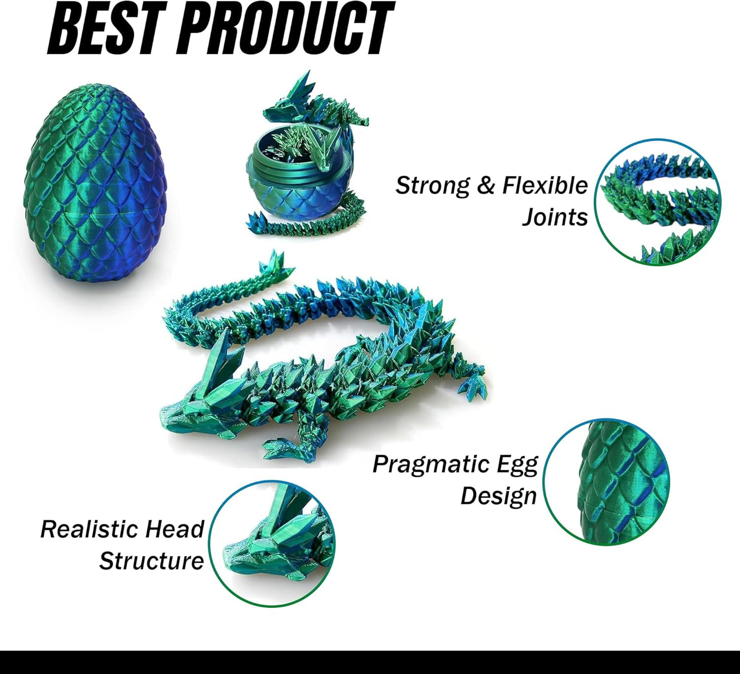 3D Printed Dragon in Egg, Full Articulated Dragon Crystal Dragon with Dragon Egg, Home Office Decor Executive Desk Toys, Adults Fidget Toys for Autism/ADHD, 12 Inches (Laser Green)