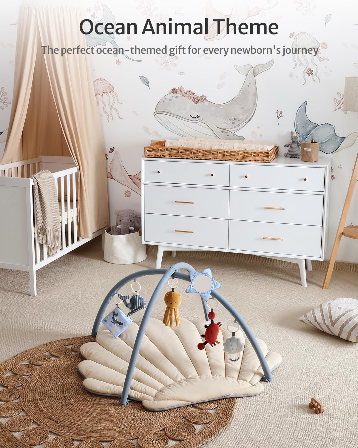 Blissful Diary Shell Baby Play Gym Mat, Softer & Enlarged Tummy Time Mat w 6 Detachable Toys for Sensory & Motor Skill Development, Activity Mat for Newborn Essentials Shower Gift, Boho Ocean Theme