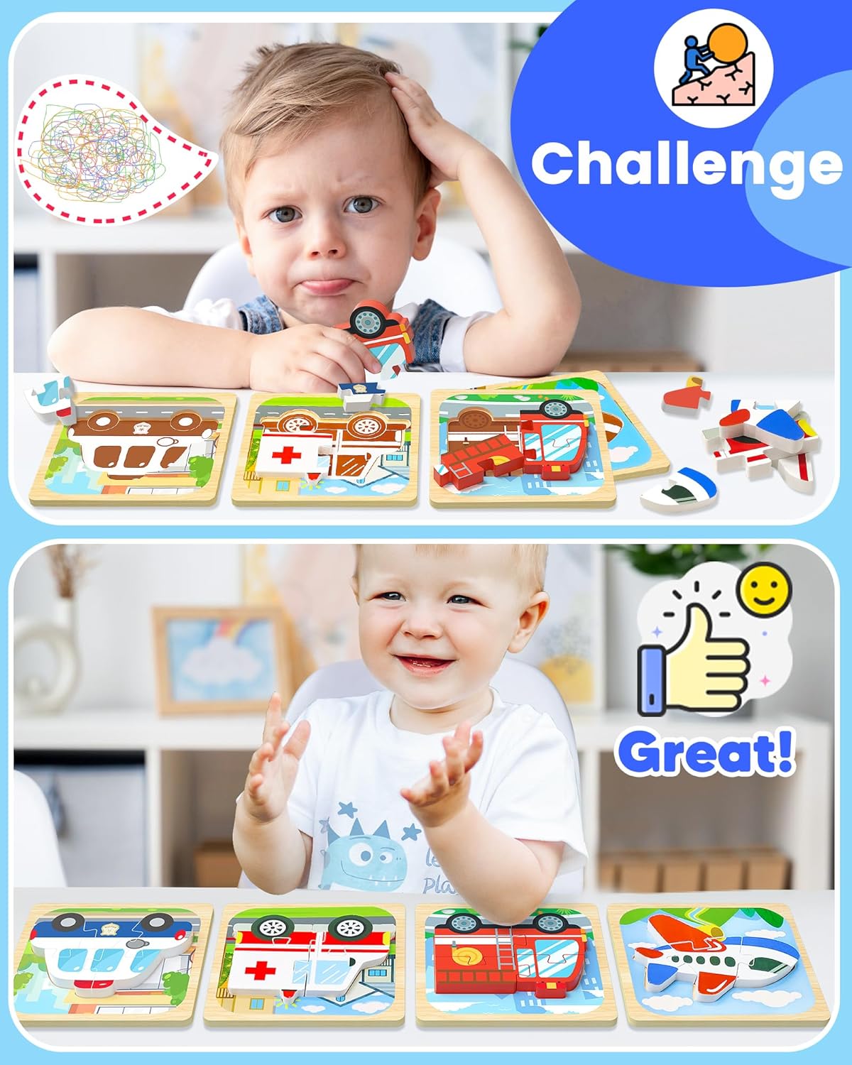 Benresive Wooden Toddler Puzzles, Montessori Toys for 1 2 3 Year Old Boys, Toys for 1 2 3 Year Old Boy Birthday Gifts, 4 Pack Vehicle Toddler Learning Educational Puzzles