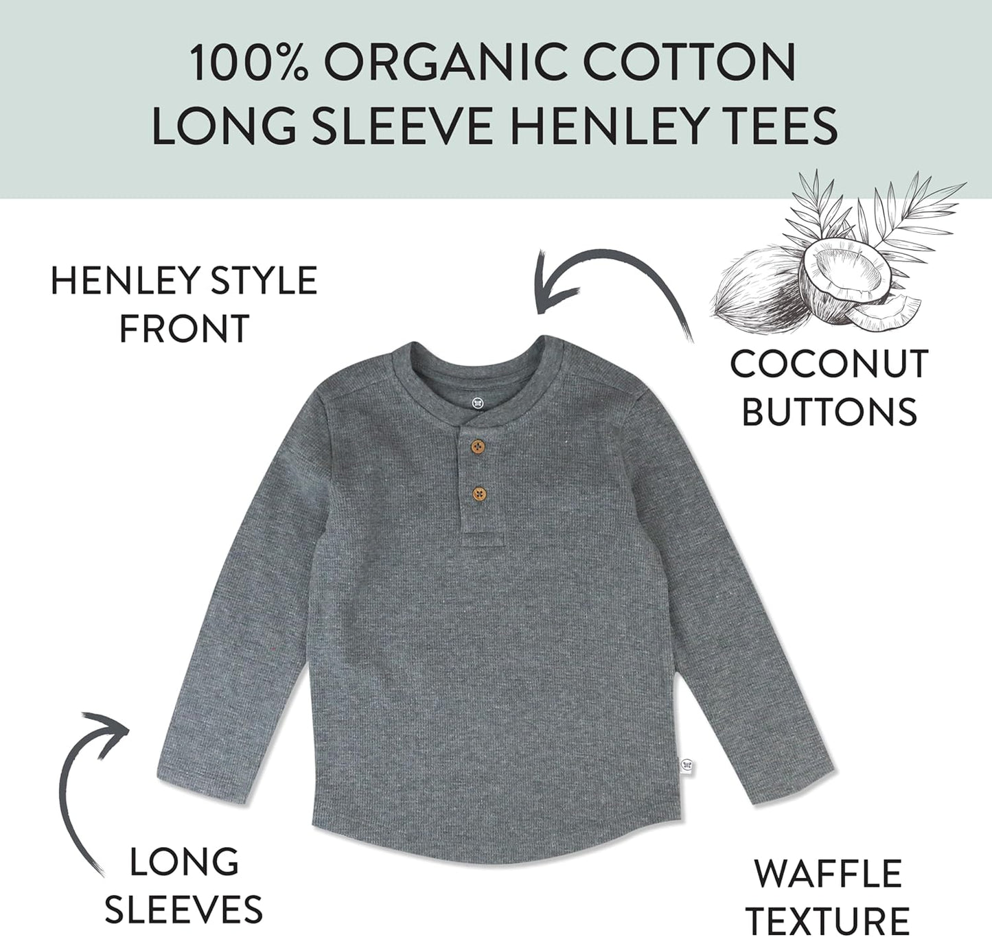 HonestBaby 5-pack Waffle Henley Long Sleeve Shirts 100% Organic Cotton for Infant Baby and Toddler Boys, Unisex