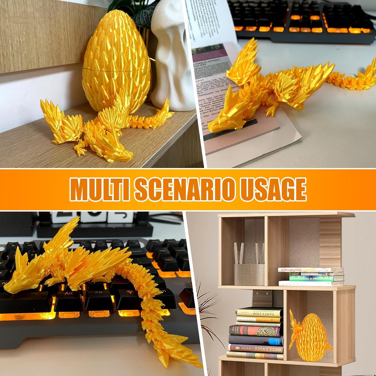 12inch Fly Dragon Egg, Year of The Dragon, 3D Printed Dragon, Executive Desk Toys, Articulated Dragon, Fidget Toys Gifts for Graduates Students Teachers Adults (Gold)