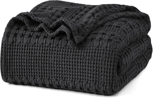 PHF 100% Cotton Waffle Weave Blanket King Size, Soft Lightweight Breathable Cozy Summer Blankets for Bed, Luxury Aesthetic Woven Bedding for Home Decor, 108"x90", Black