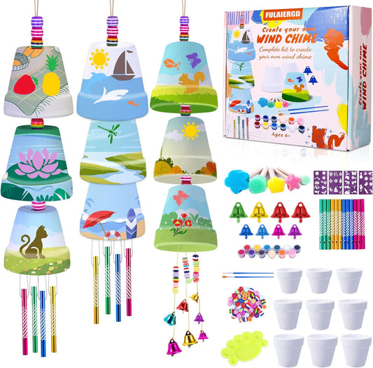 FULAIERGD 3 Pack Wind Chime Making Kit for Kids- Wind Chime Craft Painting Kit-Ceramic Pot, Bells, Stencils and Beads DIY Crafts Gifts for End of Year Student, Christmas, Birthday, Summer Decor
