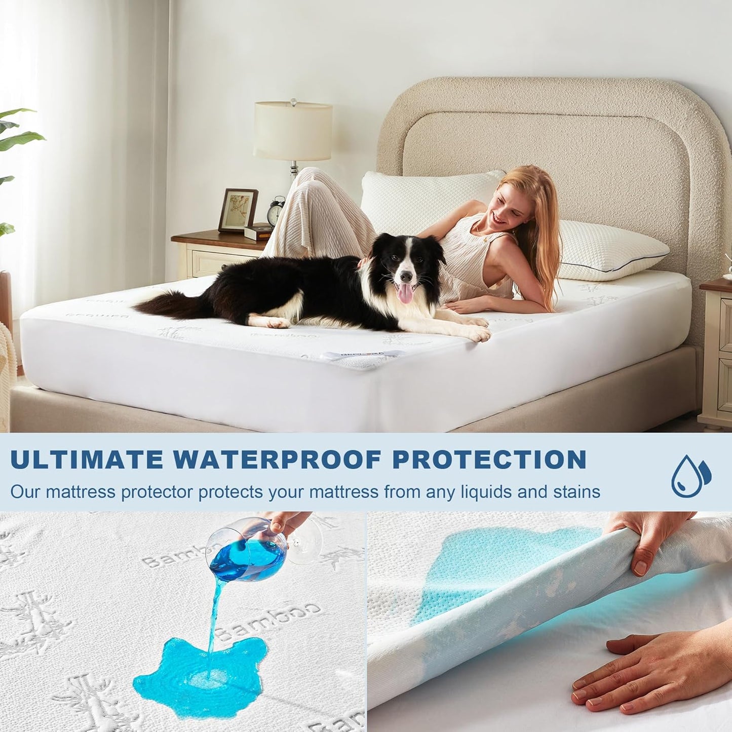 Waterproof Mattress Protector, California King Size Mattress Pad Fitted 6"-18" Deep Pocket, 3D Air Fabric Bed Mattress Cover Noiseless Washable for Bedroom, Hotel