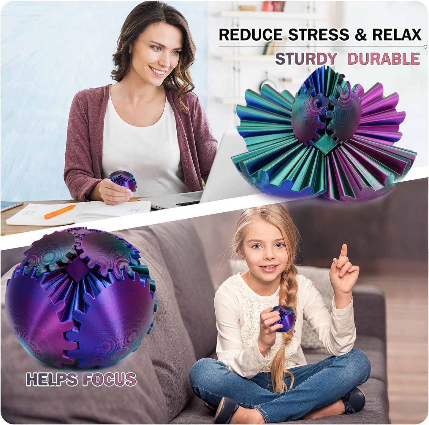 Gear Ball, Gear Sphere,3D Printed Gear Ball Fidget Toys GearSphere Desk Toy, Spin Ball or Cube Fidget Toy,Gear Toy for Stress and Anxiety Relaxing